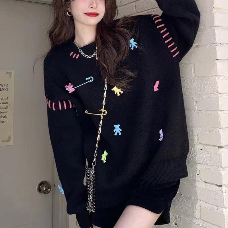 Ladies Little Bear Pin Decorative Sweaters Korean Loose Solid Color Women s Knitted Sweater Autumn Versatile Round Neck Pullover Female Top Onesize