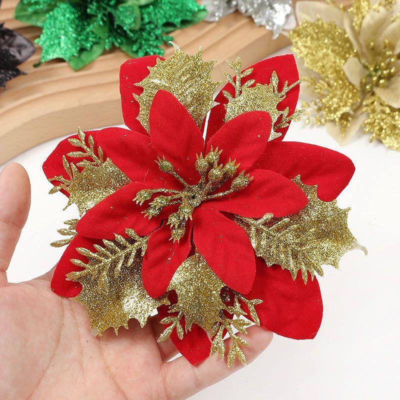 10PCS Poinsettia Christmas Flowers Decoration Artificial Glitter Christmas Tree Ornaments Xmas Party Wreath DIY Garland Decor