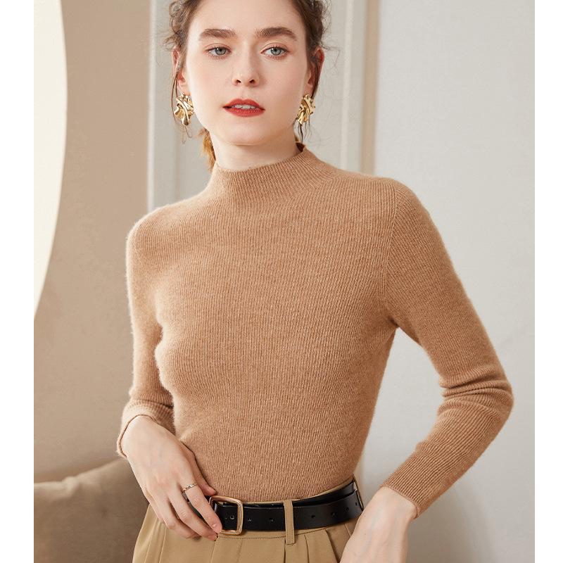 Women's High-Quality Cashmere Knit Base Layer Top - Long Sleeve, Tight-Fit, Warm & Soft Sweater for Autumn/Winter