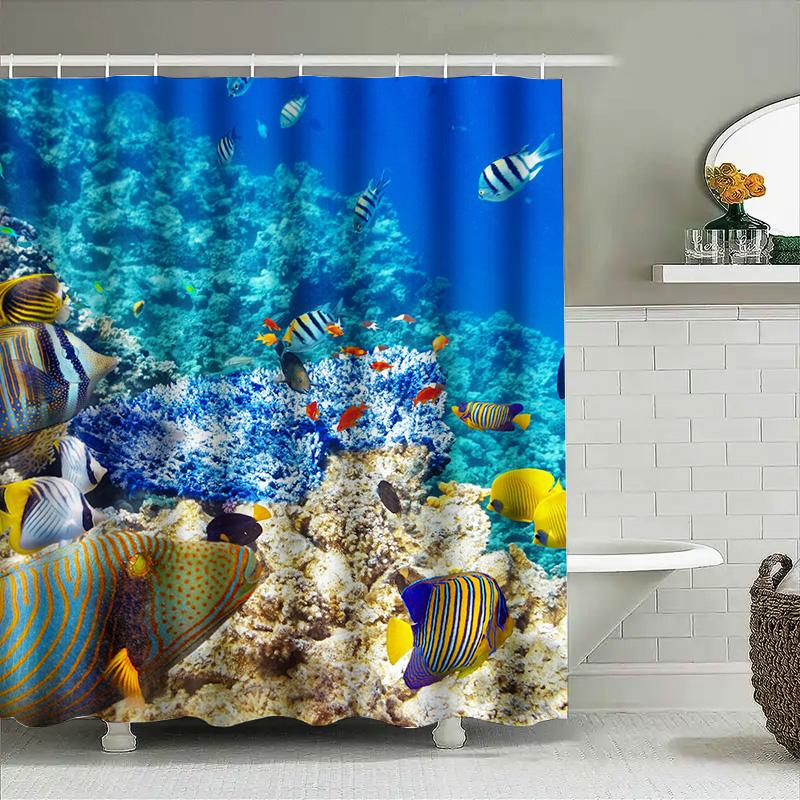 Vibrant Coral Reefs Fish Shower Curtain Bath Decor With Beautiful Marine Life Design For Home Decoration (Size: 180X240Cm)