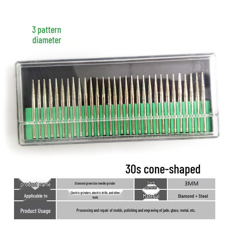 Diamond Grinding Head Set, 3mm Green Box: Cylindrical Alloy Grinding & Pneumatic Needle Heads