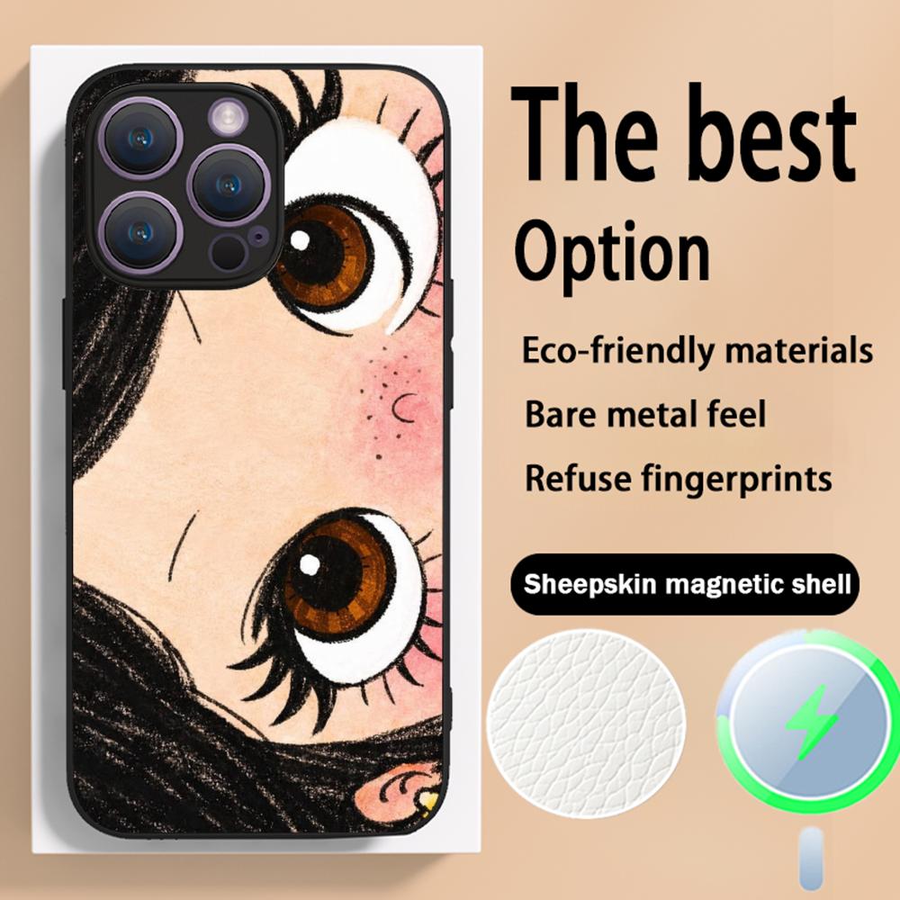 Big-eyed cute girl cartoon design Phone Case For iPhone 16 15 14 13 12 11 Plus Pro Max High-end Luxury Magsafe Sheepskin