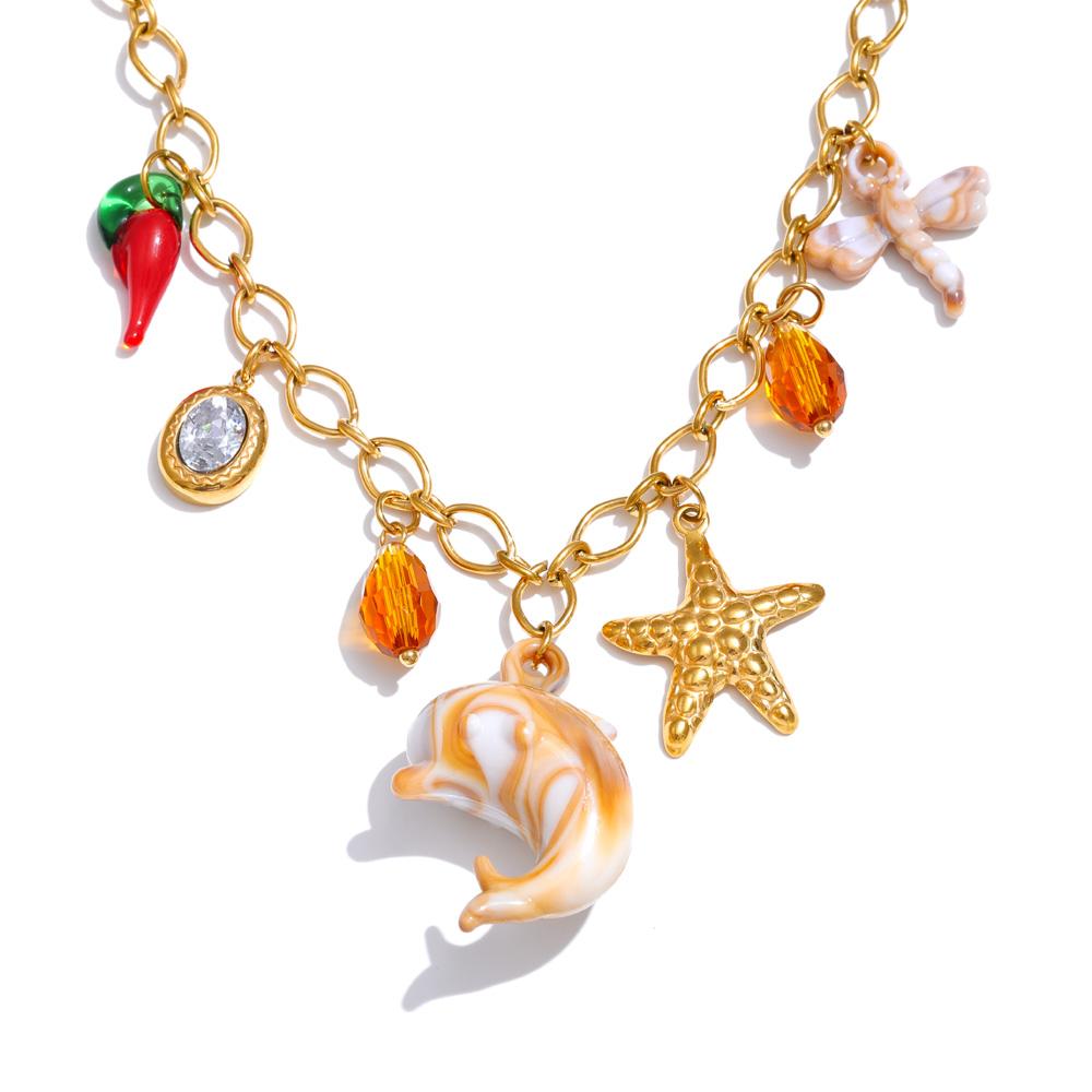 Yhpup Starfish Shell Resin Dolphin Conch Charms Pendant Trendy Necklace for Women Stainless Steel Ocean Series Golden Jewelry