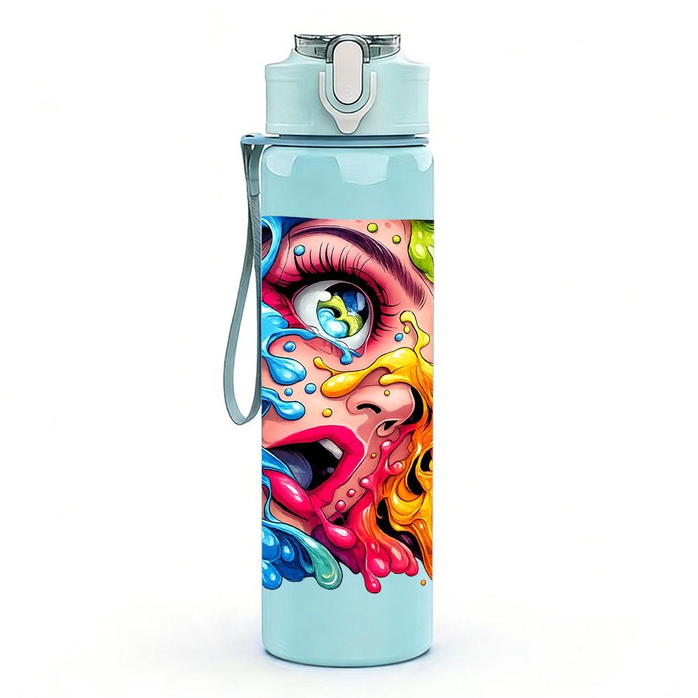 1PC Multicolor Abstract Face Graffiti Print 750ml Color Plastic Sports Water Bottle Leakproof Flip Straw Lid Suitable for Sports Office Home Use