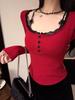 Women's Red Lace Patchwork Long Sleeve Slim-Fit T-shirt - Autumn/Winter Trendy Base Layer Top