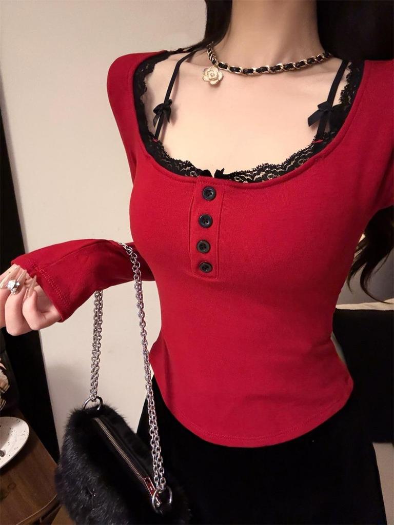 Women's Red Lace Patchwork Long Sleeve Slim-Fit T-shirt - Autumn/Winter Trendy Base Layer Top