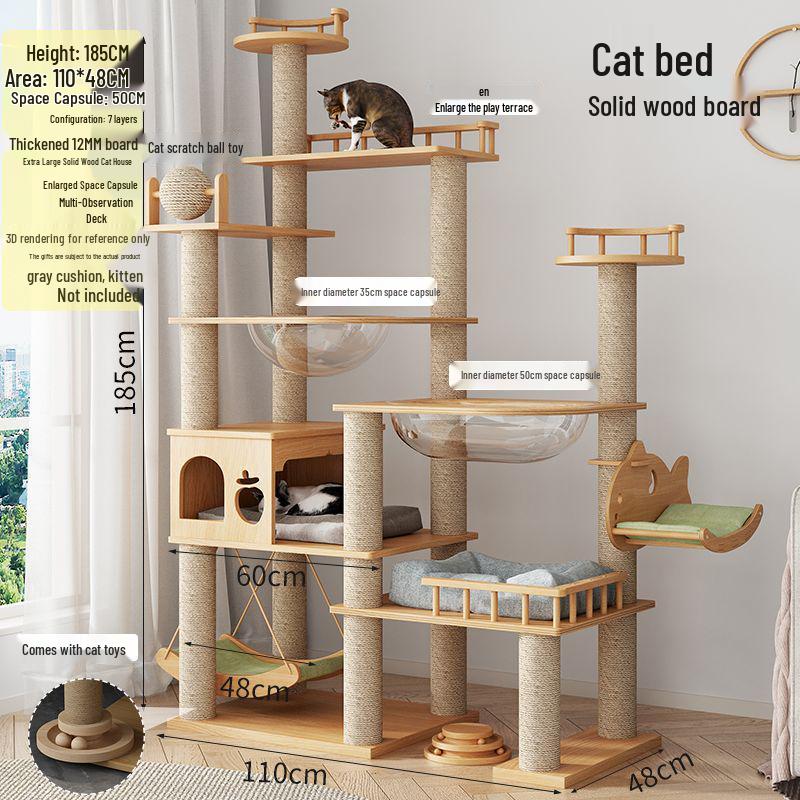 Large Solid Wood Cat Tree with Space Capsule, Plus Size Scratching Post & Board, Floor-to-Ceiling Multi-Season Toy, Wear-Resistant.