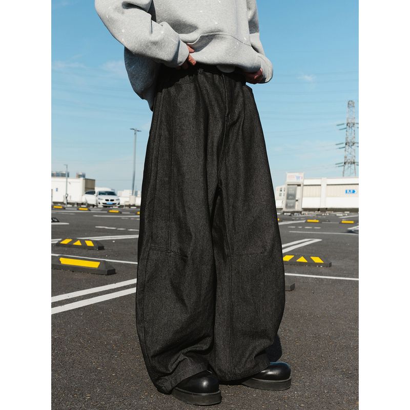 Wassup Trendy Retro Distressed Pure Black Scimitar Jeans for Men and Women, American Hip-Hop Style, Drapey Wide-Leg Long Pants