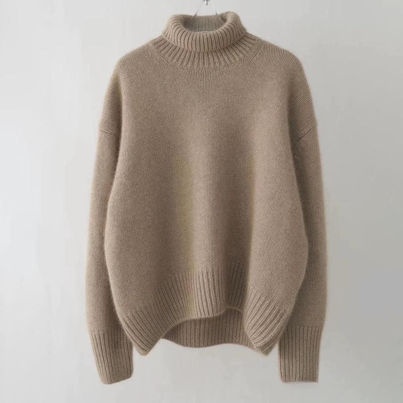 Women Autumn Winter High Collar Long Sleeve Wardrobe Staple Warm Solid Color Comfy Loose Pullovers Knitted Sweater Top