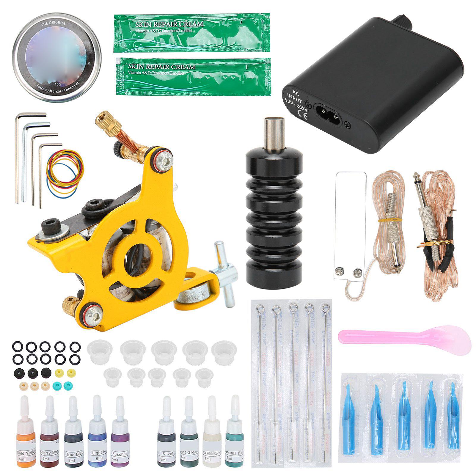 

Желтый комплект катушки для татуировки, черный мини-блок питания для татуировки, полный комплект для начинающих тату-машинок EU Plug