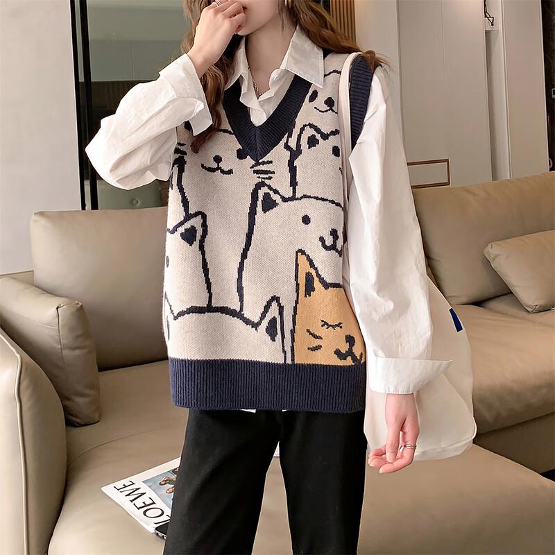 TonLion Women's V-Neck Kitty Print Pullover Vest