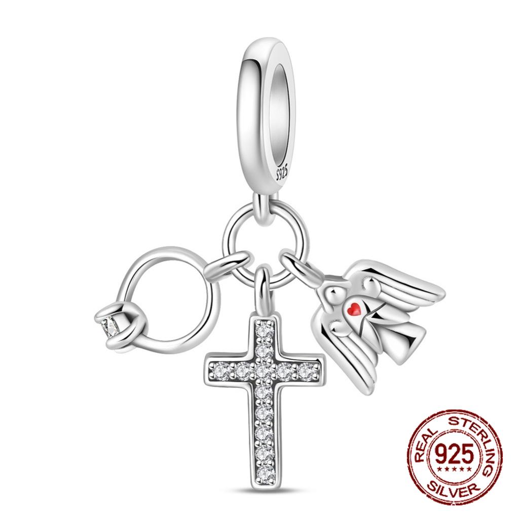 

copper God with Us Angel Cross Ring Guardian Pendant Charm Compatible With Authentic Charm Bracelets Women Do It Yourself Jewellery Gift