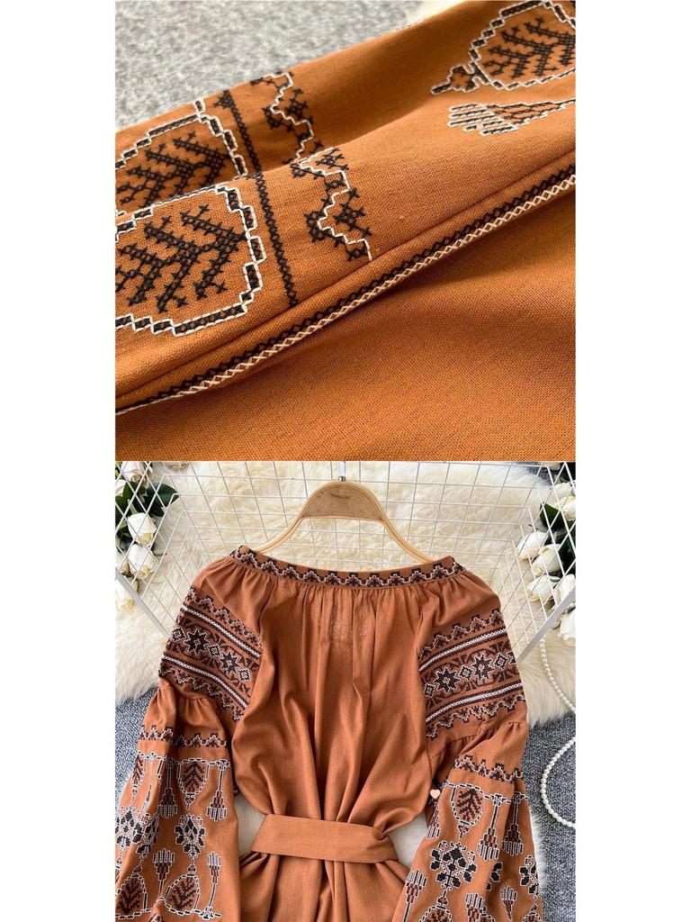 Bohemian Embroidered Lantern Sleeve Tie-Waist Dress for Women
