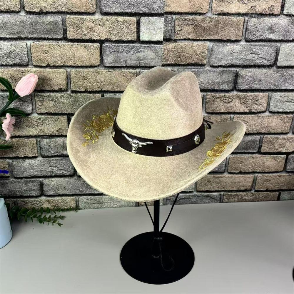 Popular European and American Classic Suede Western Cowboy Hat Men's and Women's Big Brim Embroidered Outdoor Sun Hat