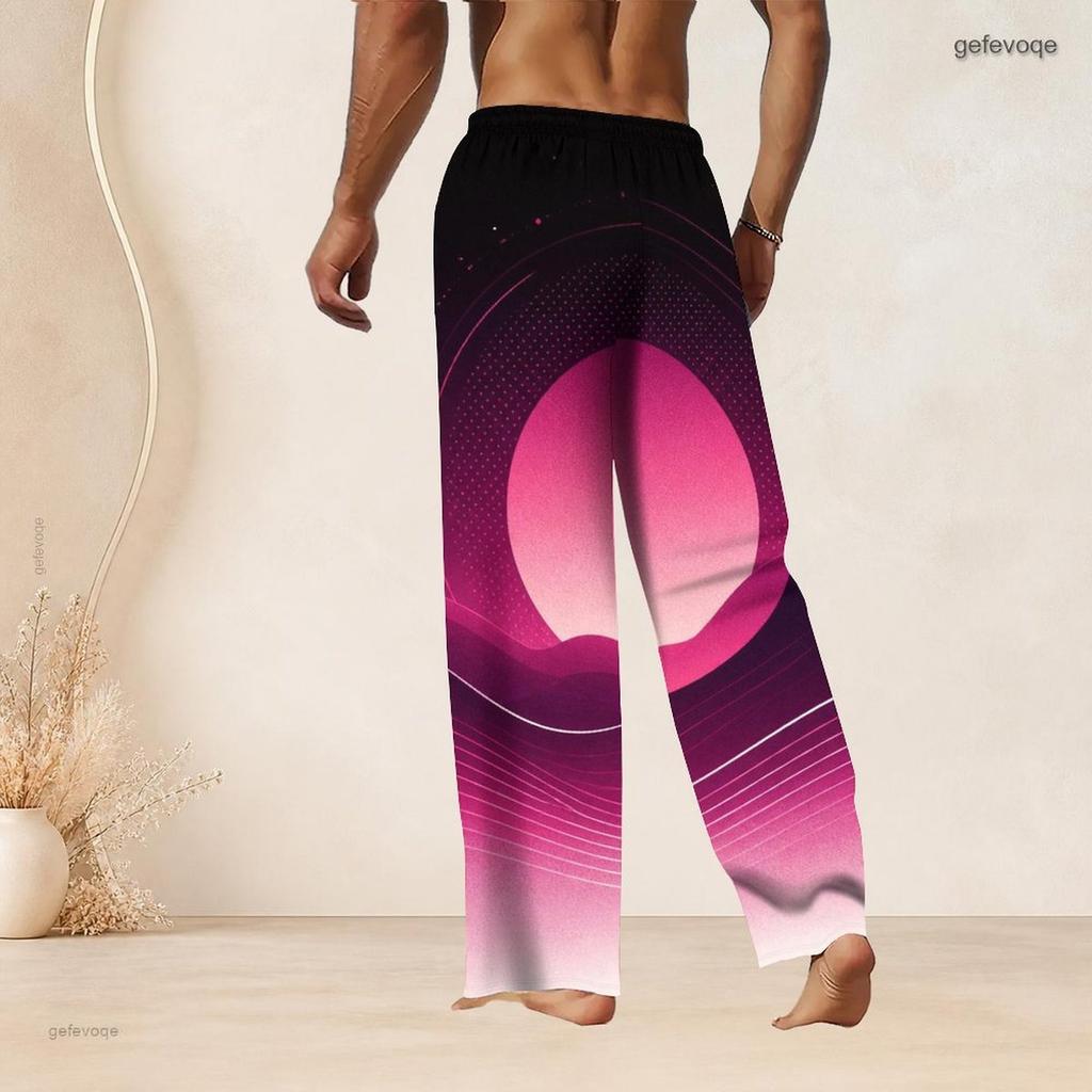 Men Plus Size Drawstring Waist Black Pink Printed Straight Leg Full Length Beach Pants