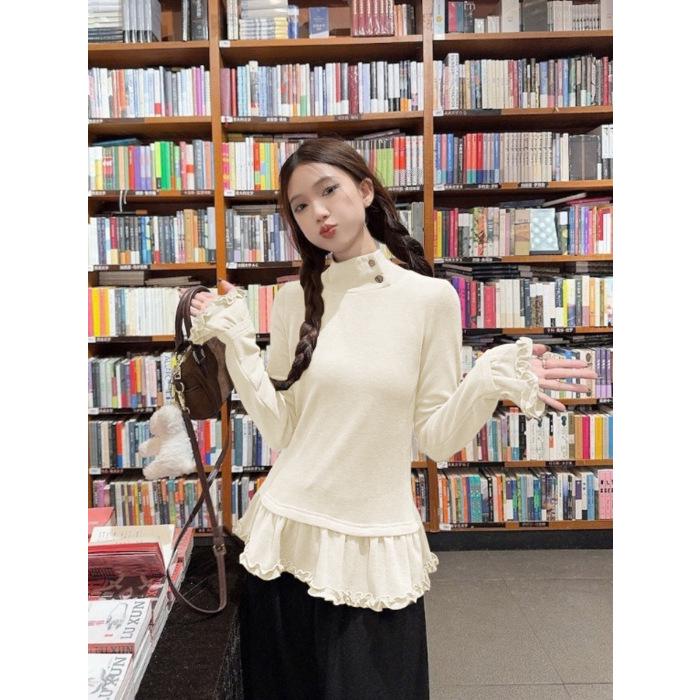 

Women s Autumn Winter Slim Fit Ruffled Fleece Turtleneck Long Sleeve Top L абрикосовий