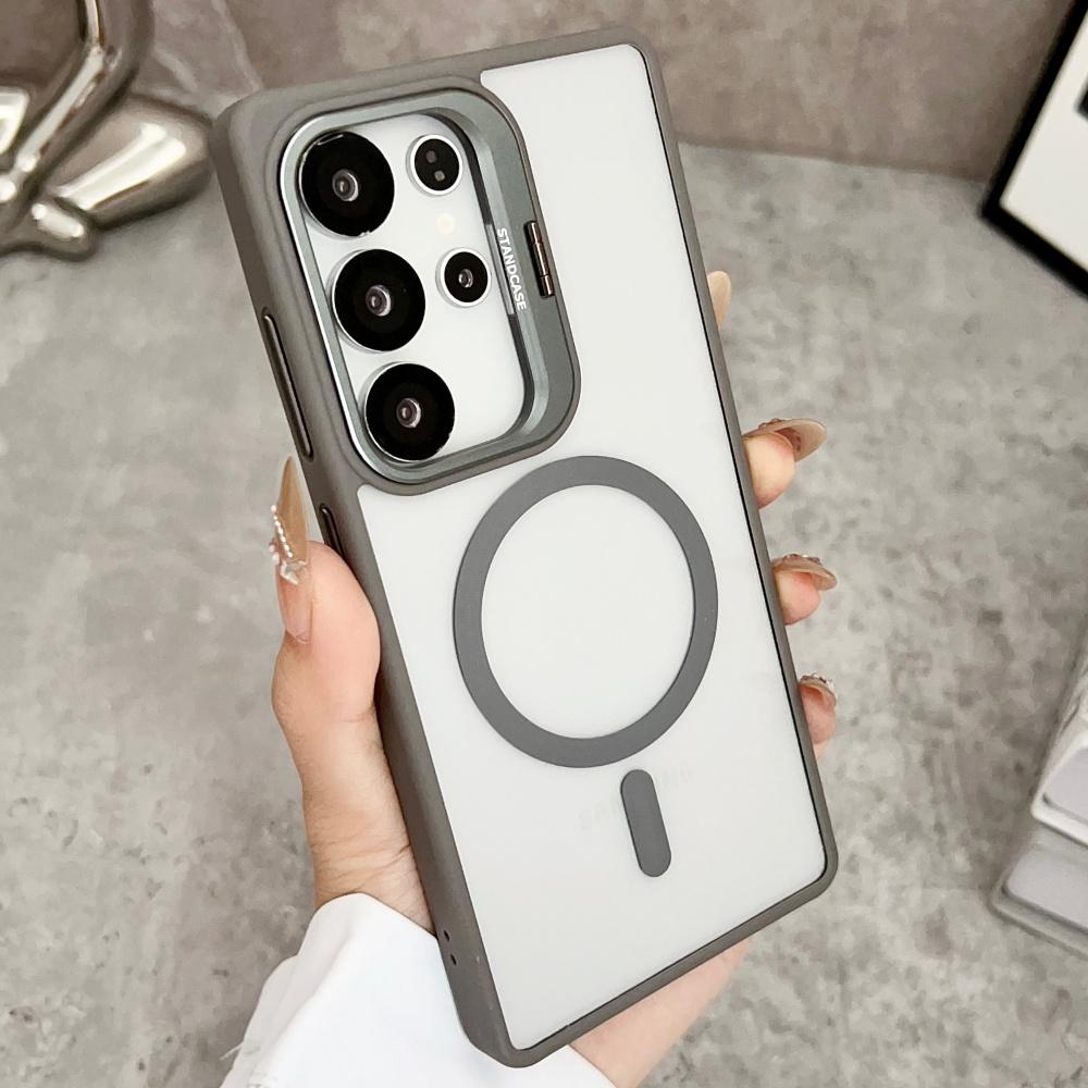 Metal Ring Lens Stand Holder Clear Magnetic Case For Samsung S25 Ultra S24 Plus S23 FE S22 A56 A36 A06 A15 For Magsafe Cover