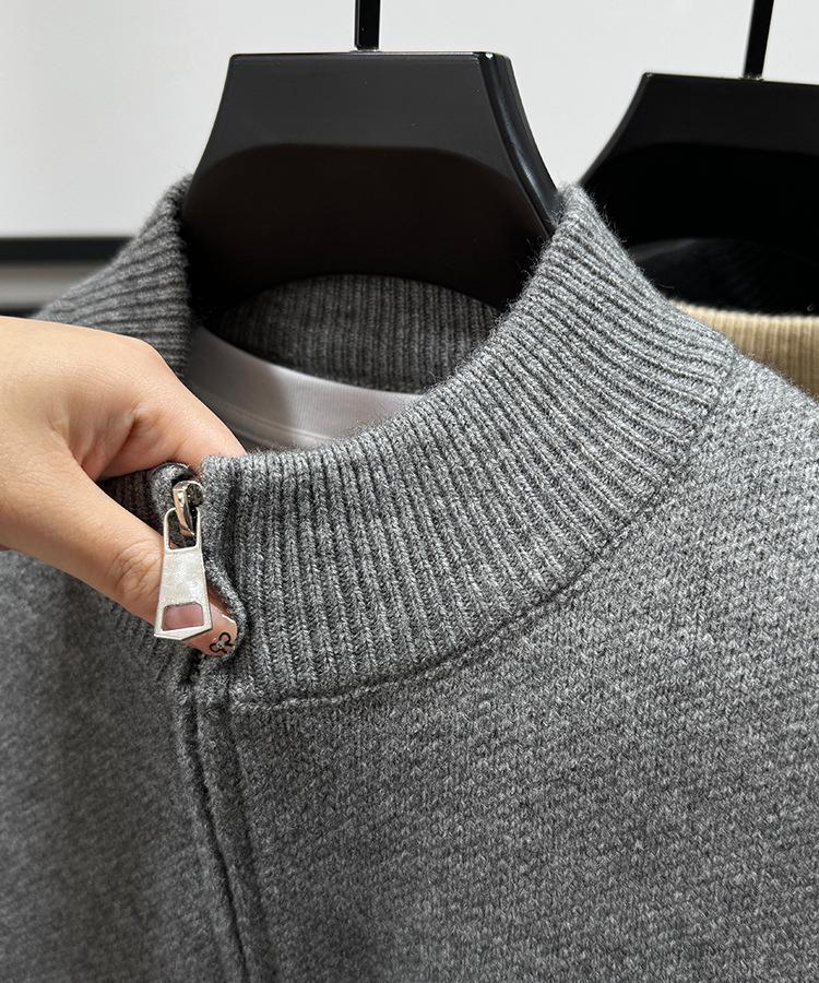 Men's Versatile Solid Color Cardigan: Thickened Knit Sweater with Stand Collar and Zipper for Spring and Autumn