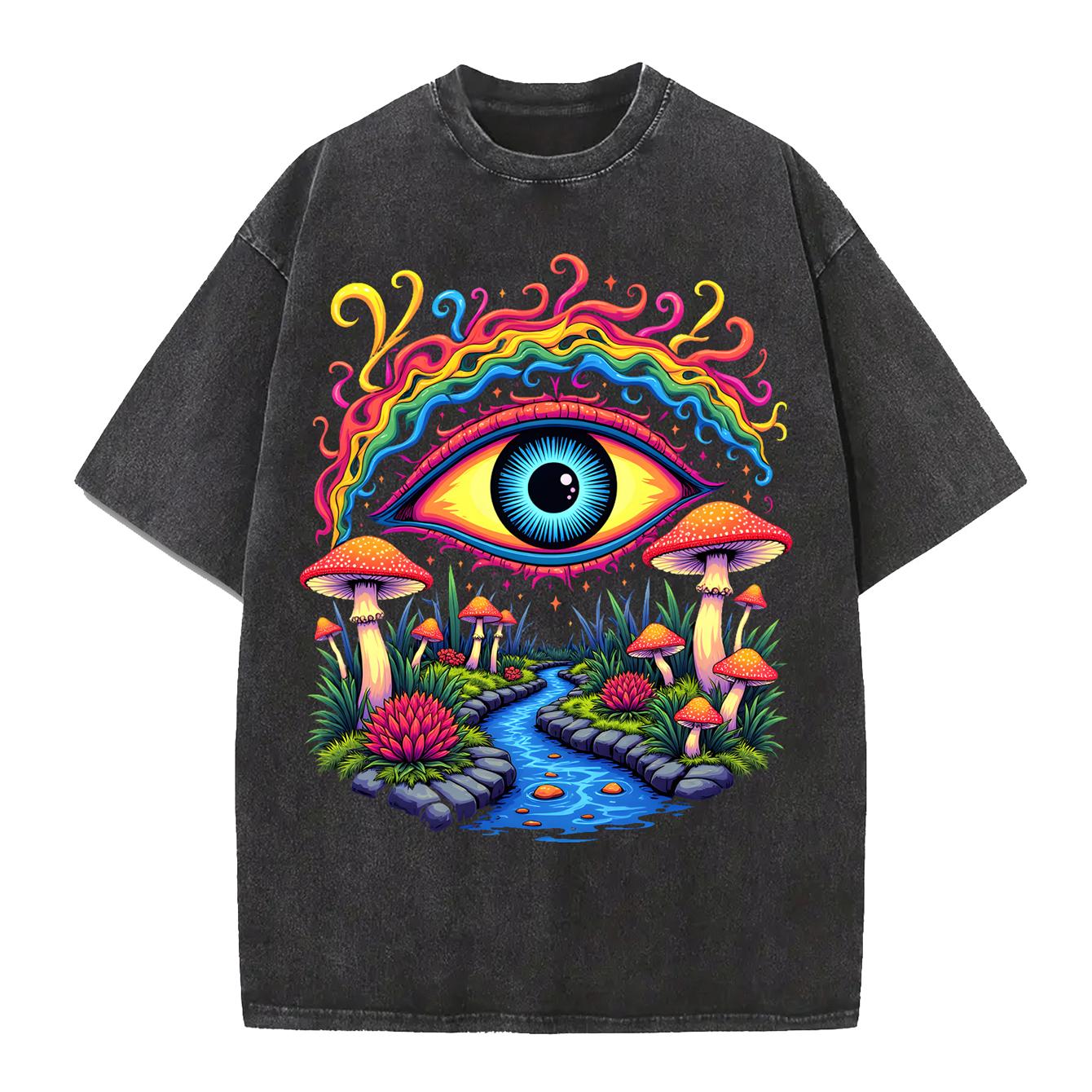 

Retro Trippy Mushroom Eye Tshirt Men Women Washed Black Oversized Tee Casual Streetwear Psychedelic Graphic Tops S