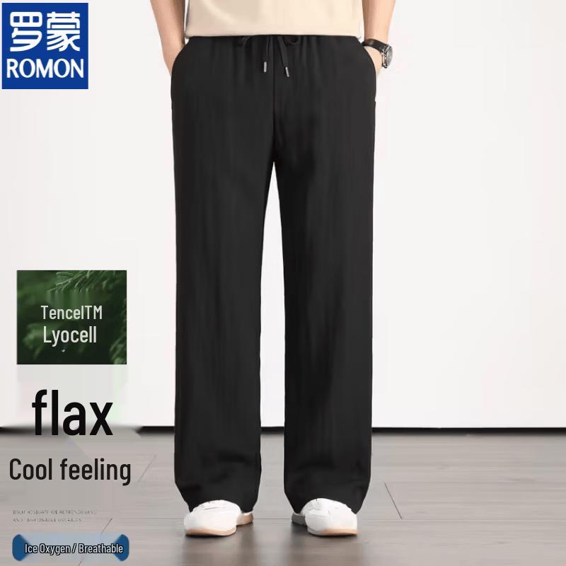 Luomeng Men s Summer Linen Tencel Drawstring Straight-Leg Casual Pants 2XL