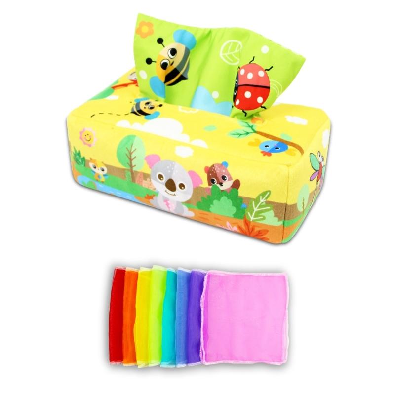 Tissue Box Toddler  Toy Babies Sensory Toy with Crinkle Paper & Rainbow Dance Scarves Infants Learning Toy