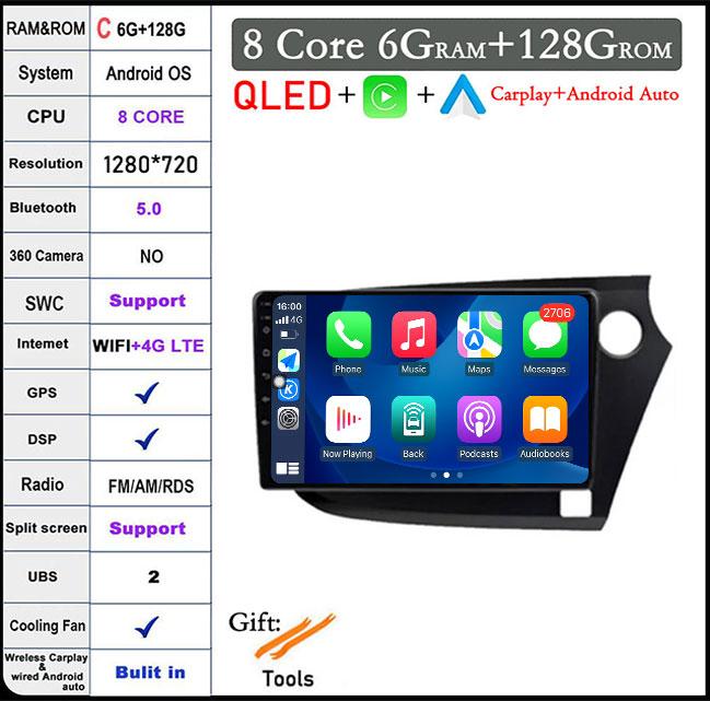 QLED Android 14 For Honda INSIGHT 2 2009-2014 Car Radio Multimedia Player Autoradio DSP Navigation GPS CarPlay Stereo