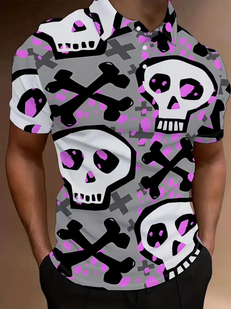 Men's Short-Sleeve Polo Shirt, Flat Digital Print Pattern - No Texture - Skull and Crossbones Design, Stylish and Minimalist Short Sleeve, Button-Up,