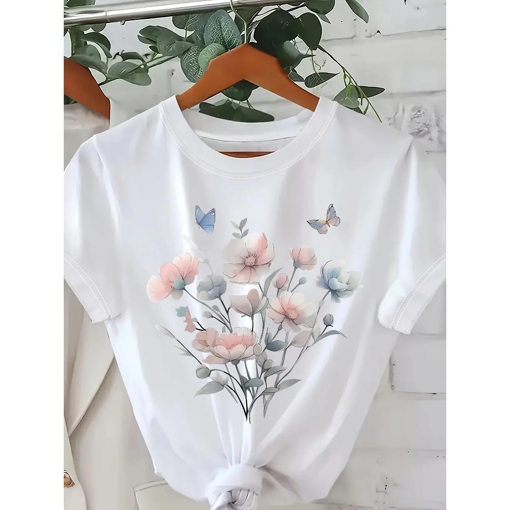 Women S Floral Print T-Shirt Pink Pastel Top with Floral Pattern Lightweight Everyday for Spring/Summer Outfits Casual S