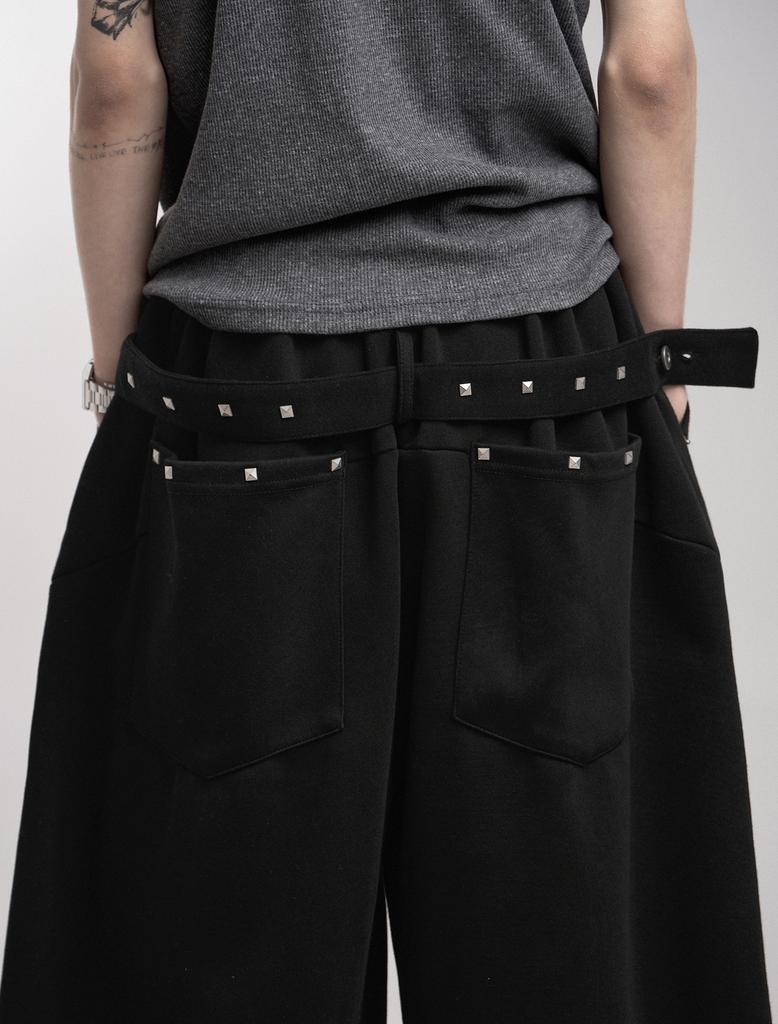 Lupeu Studded Belt Back Pocket Wide Long Pants Black
