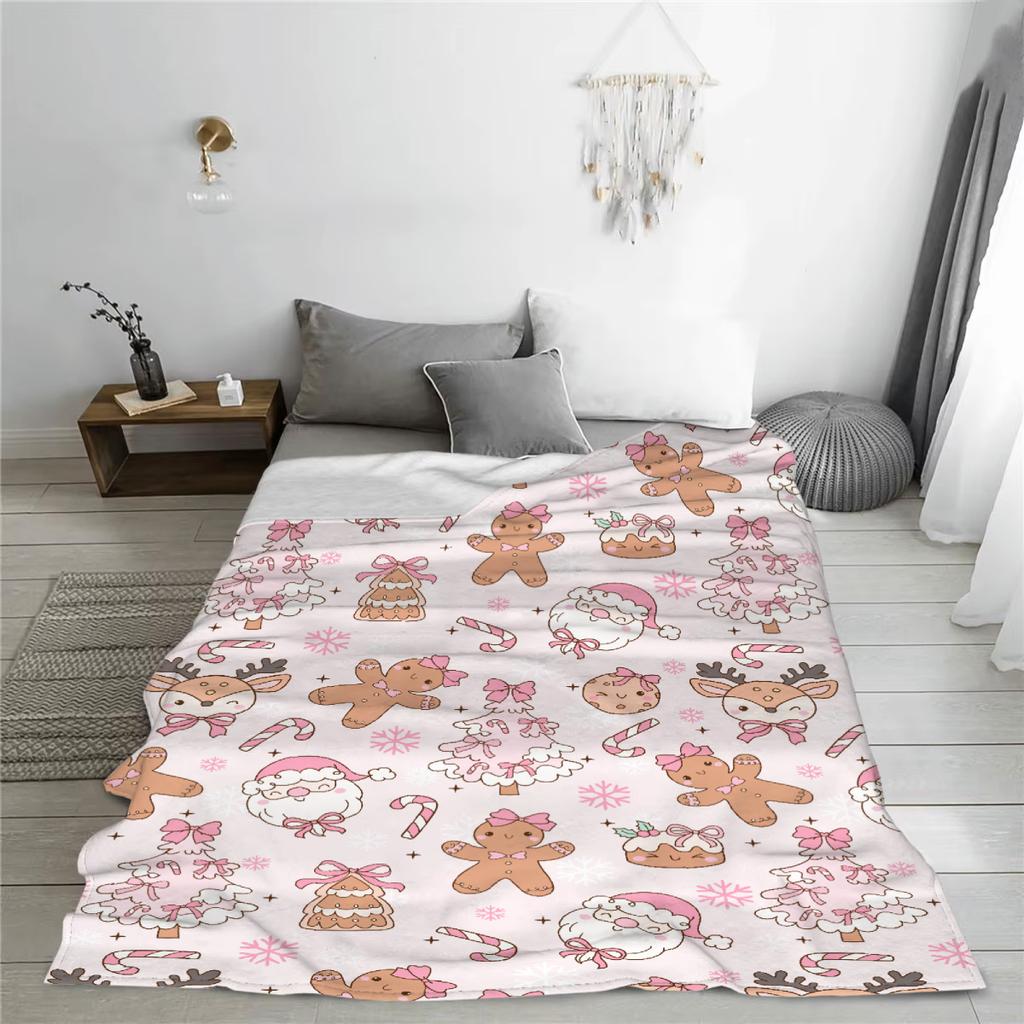 Pink Christmas Gingerbread Man Throw Blanket Soft Warm Flannel for Couch, Bed, Office, and Travel - Perfect Gift for All Season
