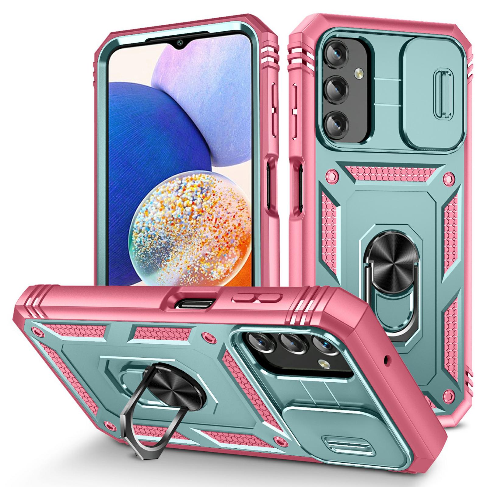 

Shockproof Case for Samsung Galaxy A14 5G/A14 4G Kickstand PC TPU Cover with Card Slot,Lens Guard Green/Pink