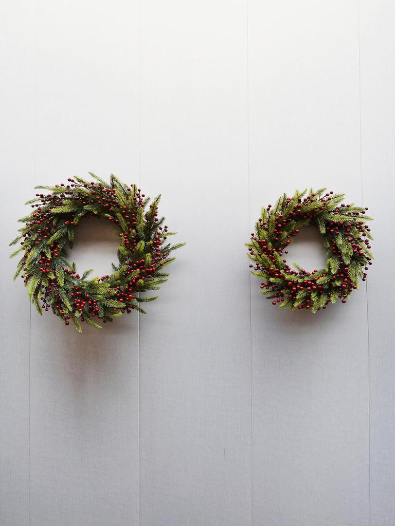 Handmade Christmas Wreath with Red Berries & Green Leaves on Steel Ring for Door Decoration