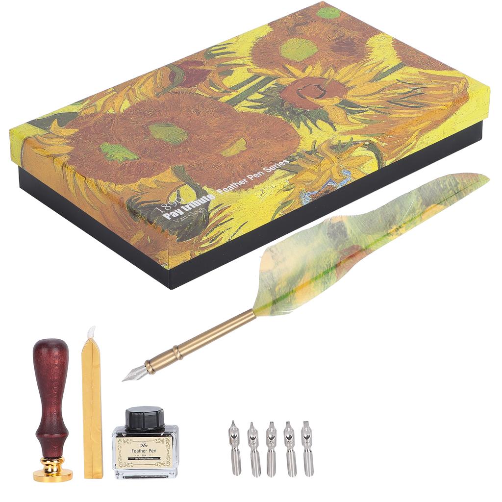 Feather Pen Dip Art Calligraphy Retro Vintage Quill Gift Box Kit with Lacquer Stamp Tool