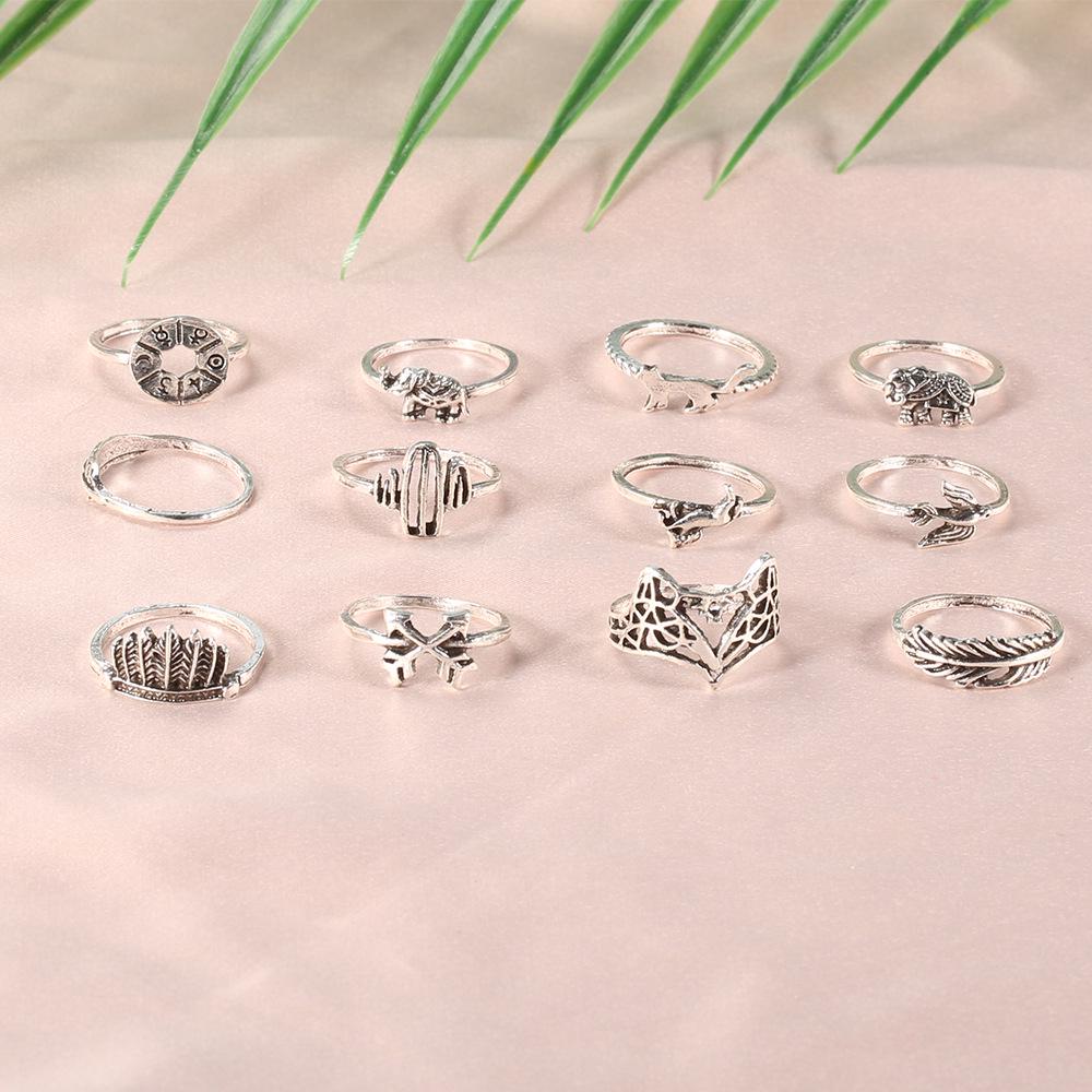 New Retro Alloy Set Leaf Fox Elephant Ring 12-piece Set
