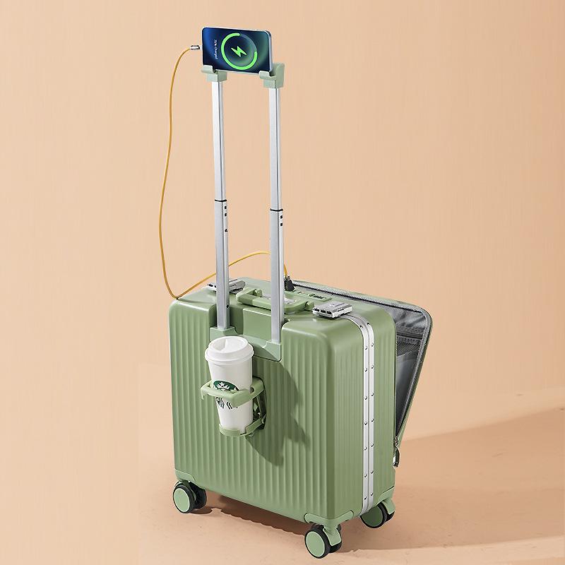 18" Silent Aluminum Frame Leather Carry-On Suitcase with Front Opening and Combo Lock for Men & Women.