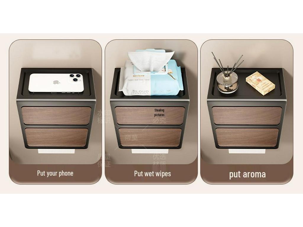 Vintage Wood Grain Wall-Mounted Tissue Box & Storage Rack - Double-Layer, Punch-Free Toilet Paper Holder