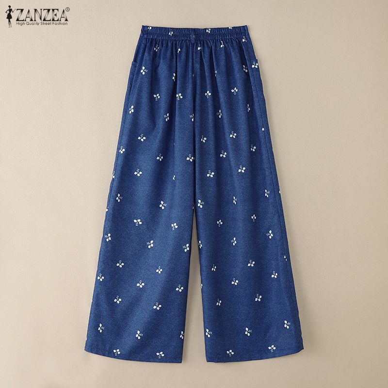 ZANZEA Women Casual Elastic Waist Loose Print Straight Pants