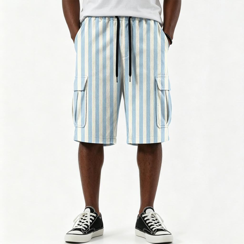 Men's Casual Striped Print Drawstring Shorts with Multiple Pockets Knee Length