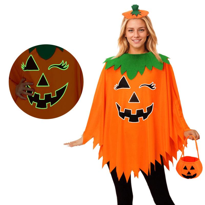 Adult & Kids Glow-in-the-Dark Pumpkin Costume Set (Hat & Cape) for School or Halloween Party