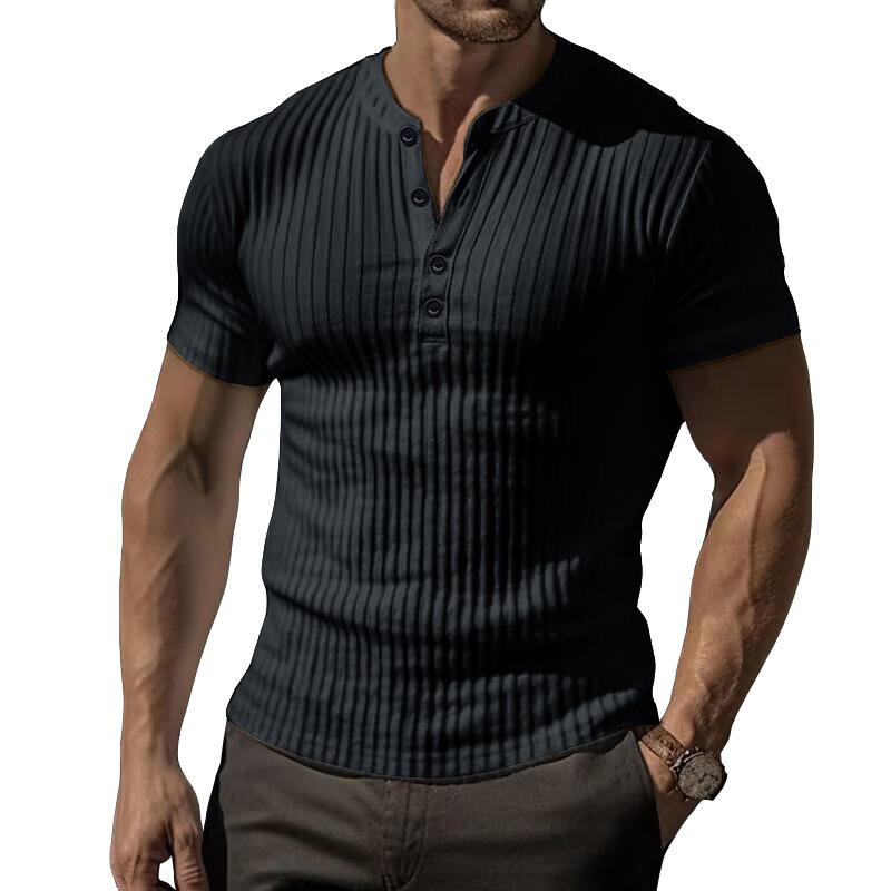 

Athletic Slim Muscle Men s Short Sleeve T-shirt Fitness Stretch Threaded Solid Colour Henley Shirt Man XXXL