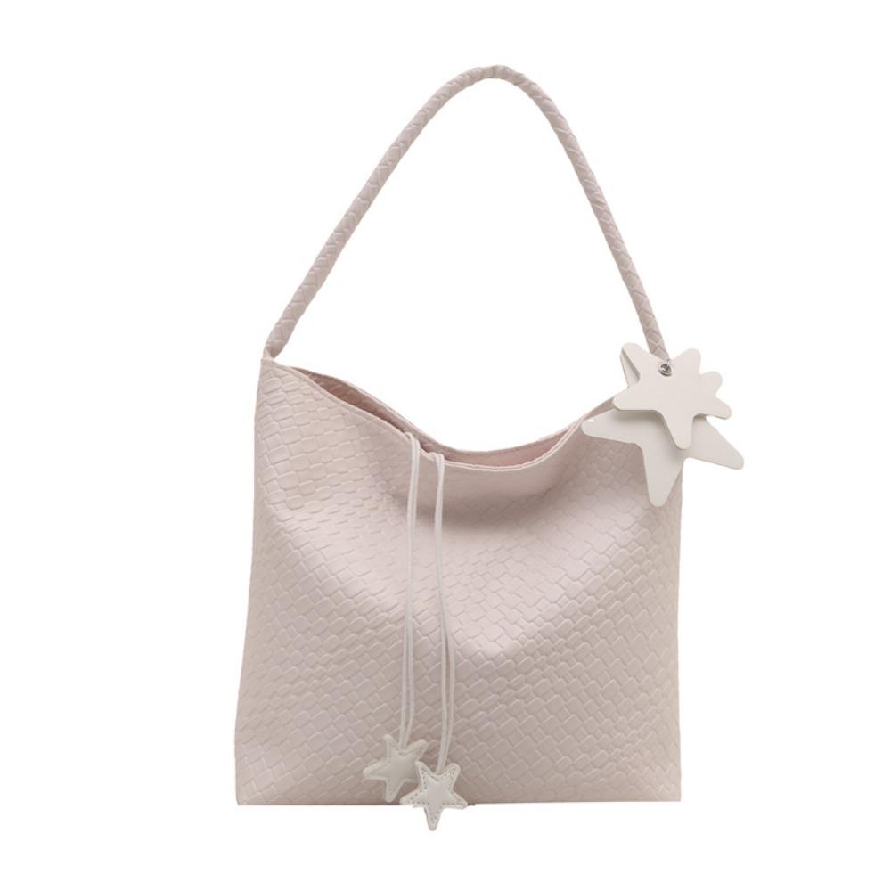 

Large Capacity Weave Tote Bag Star Pendant Silver Shoulder Bag Casual Pu Handbag Travel белый