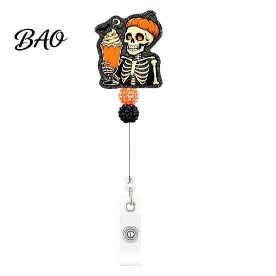 Halloween Badge Reel Retractable Reel, Skeleton And Pumpkin Design, Acrylic ID Card Clip Holder with Sturdy Metal for Nurses Office Staff Work