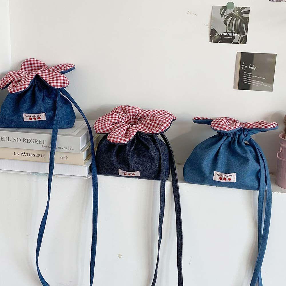 New Design Denim Bundle Pocket Flower Drawstring Bag Candy Color Multifunctional Checkered Flower Bucket Bag Casual Shoulder Bag