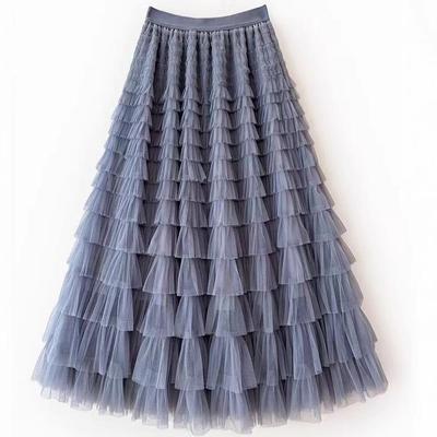 Layered Tulle Pleated Midi Skirt for Women: Elegant High-Waist Mesh Design for Spring/Autumn.