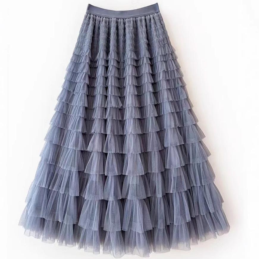 Women's Layered Mesh Gauze Pleated High Waist Long Skirt - Spring & Autumn Style