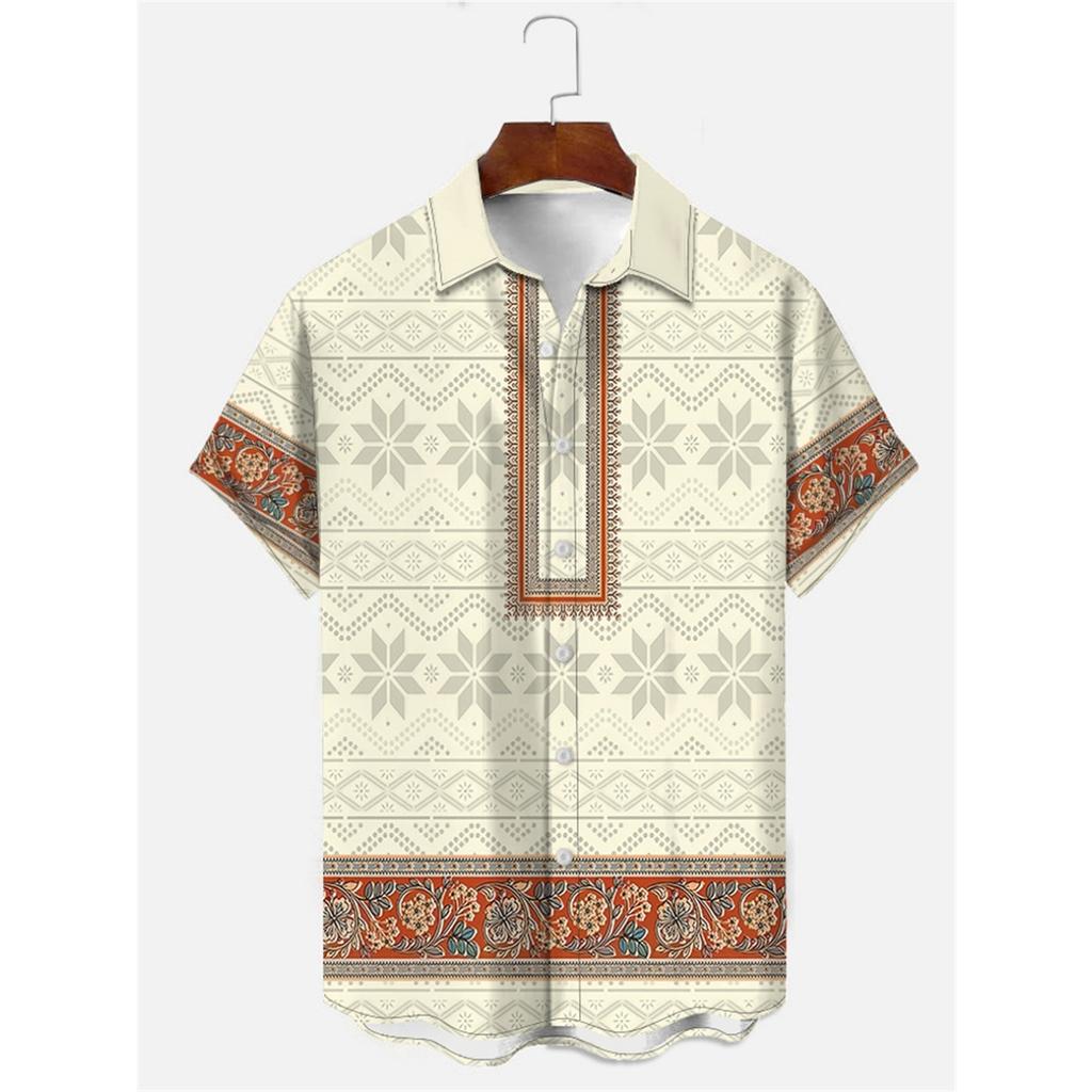 Men's Shirt Art Pattern Print Casual Shirt Short Sleeve Oversized Top Summer Vintage Flower Pattern Beach Y2k Fashion Clothing
