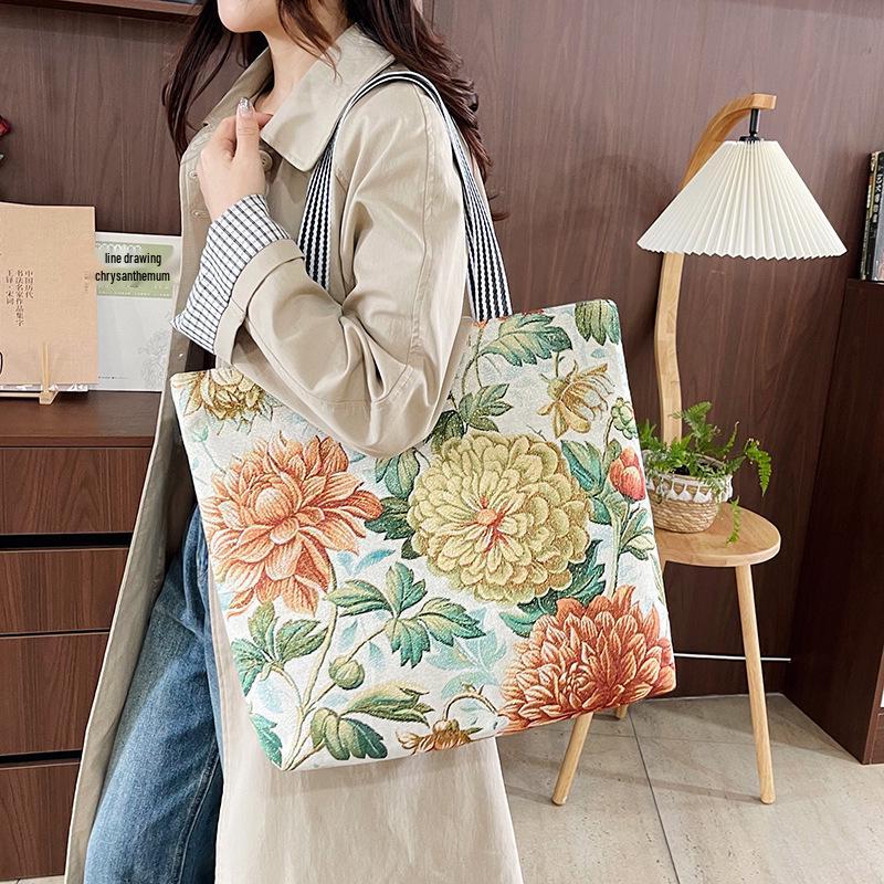 Etnická plátěná taška přes rameno s pavím motivem - Dámská módní taška Tote s velkou kapacitou