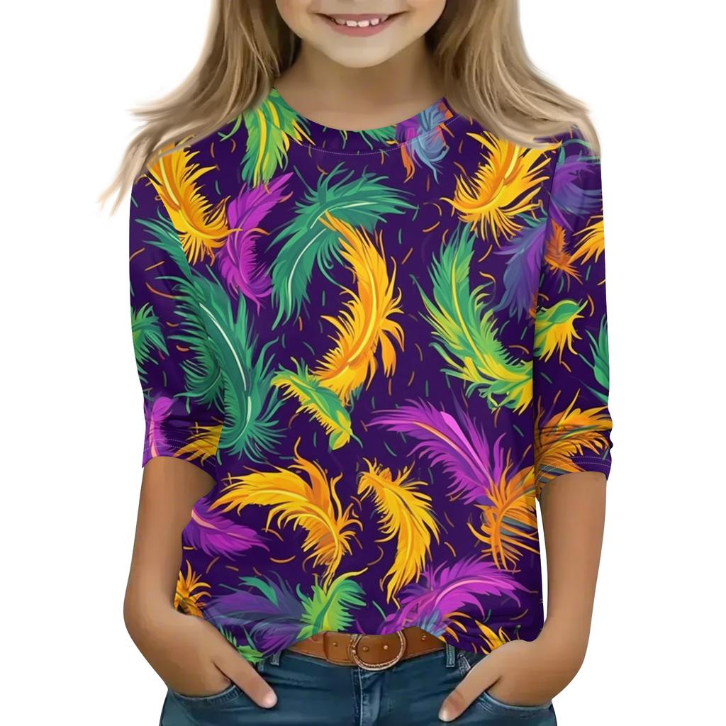 Print Tops For Youth Girls Round Neck 3/4 Sleeves T-Shirts Trendy Tops Outfit Tees