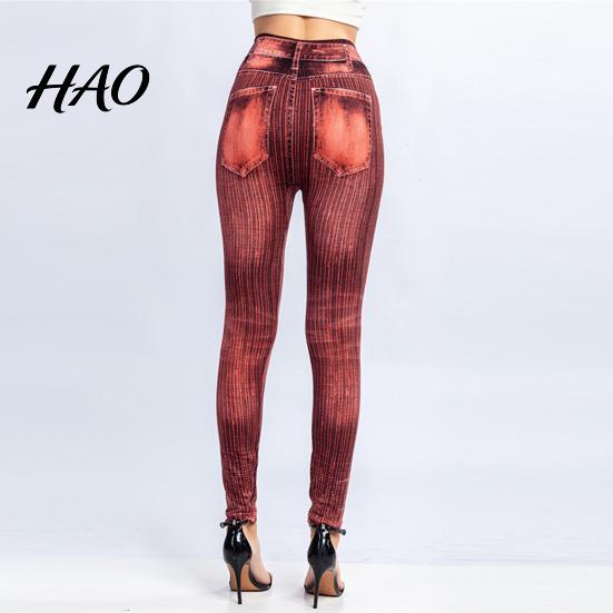 Fake Jeans Imitation Leggings Printed Super Elastic Women Faux Denim Pants High Waist Butt Lift Cropped Streetwear