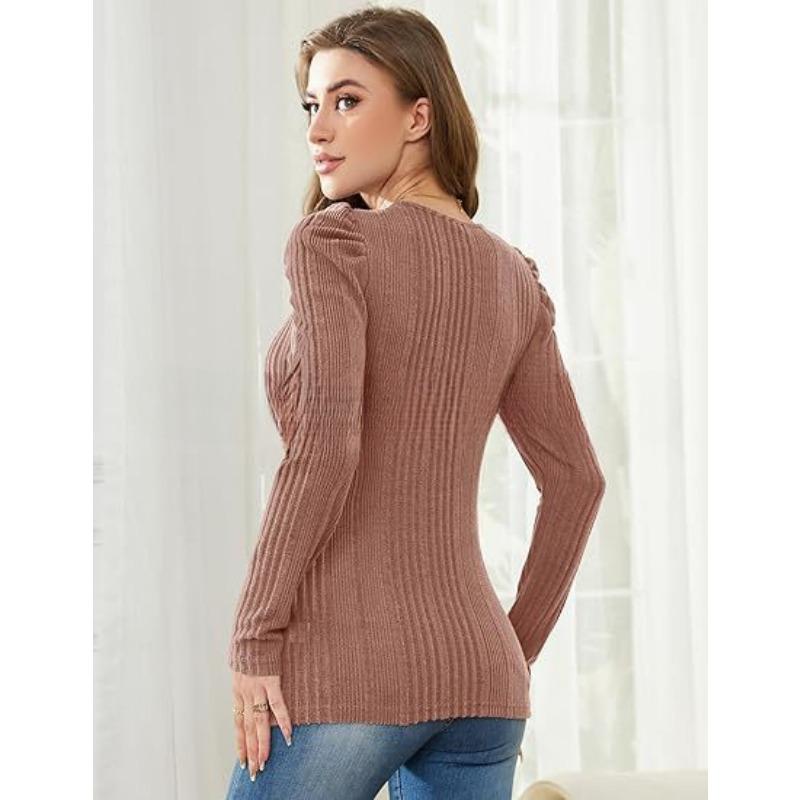 YYFS Women's Fashion Casual Spring Fall Solid Color Print Long Sleeve U-Neck Blouses & Shirts